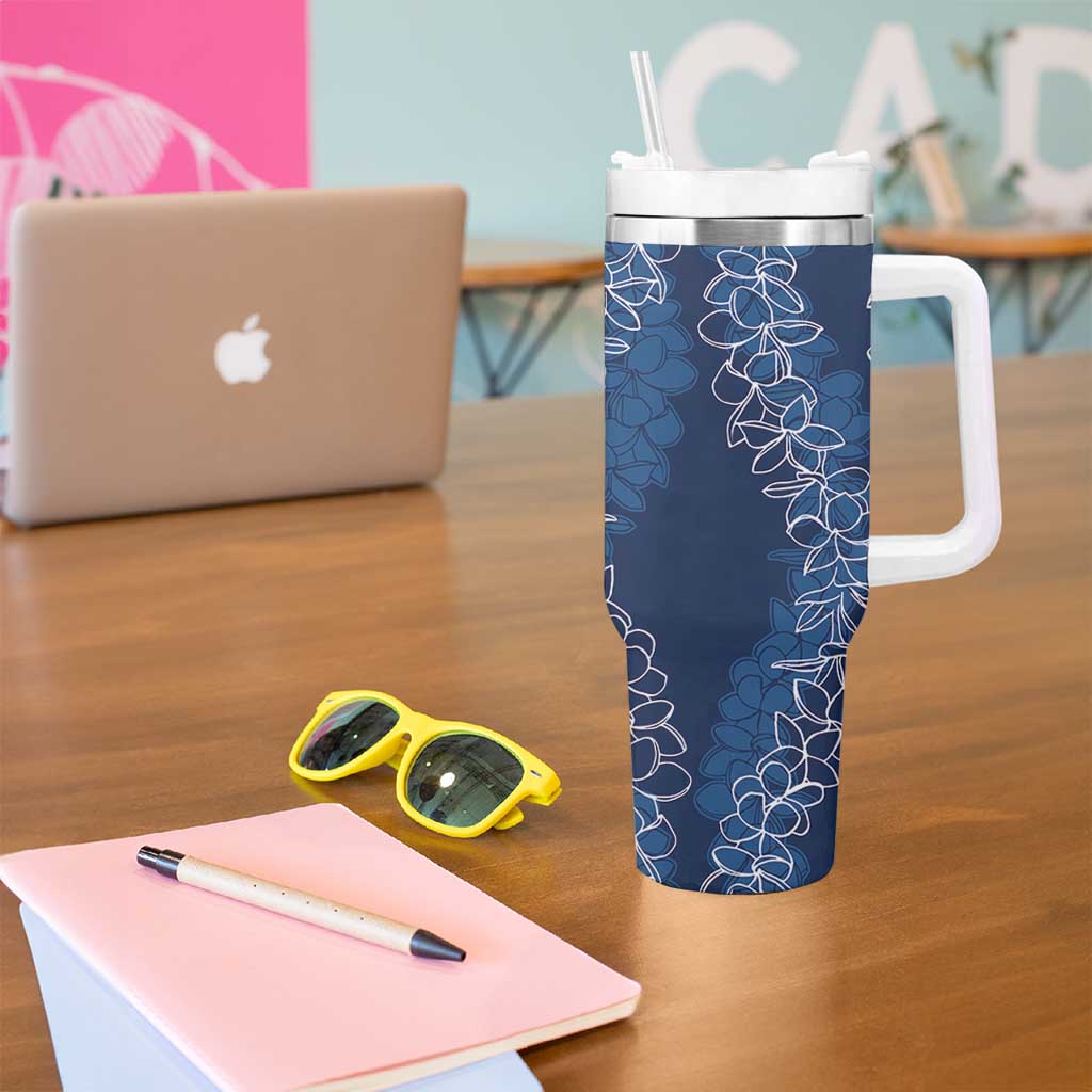 Polynesia Plumeria Lei Tumbler With Handle Navy Blue Curves Motif LT7 - Polynesian Pride