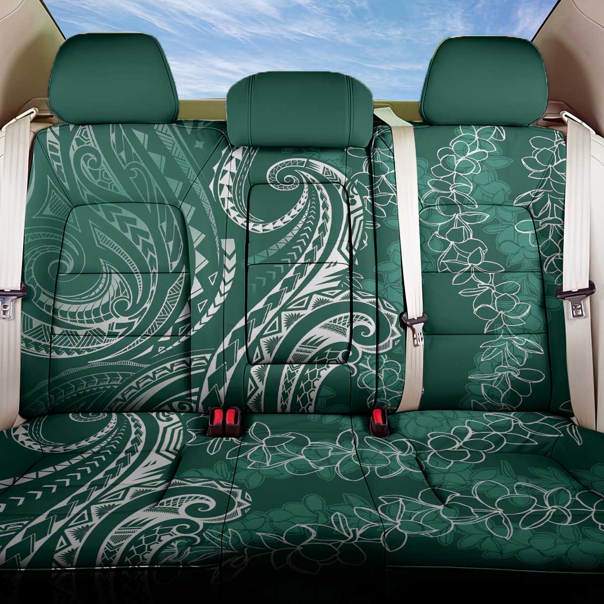 Polynesia Plumeria Lei Back Car Seat Cover Sage Green Curves Motif LT7 One Size Dark Green - Polynesian Pride