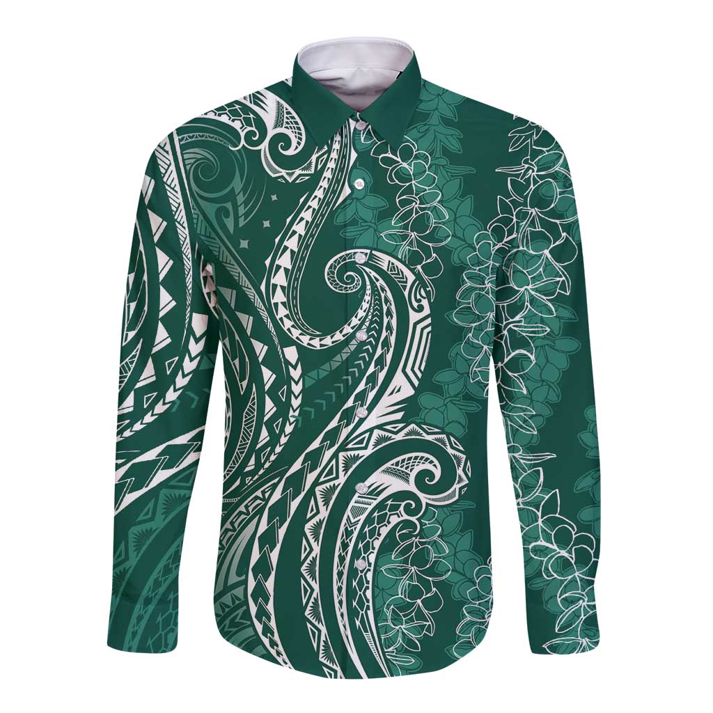 Polynesia Plumeria Lei Long Sleeve Button Shirt Sage Green Curves Motif LT7 Unisex Dark Green - Polynesian Pride
