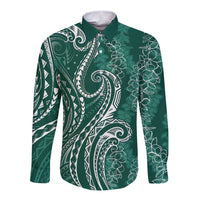 Polynesia Plumeria Lei Long Sleeve Button Shirt Sage Green Curves Motif LT7 Unisex Dark Green - Polynesian Pride