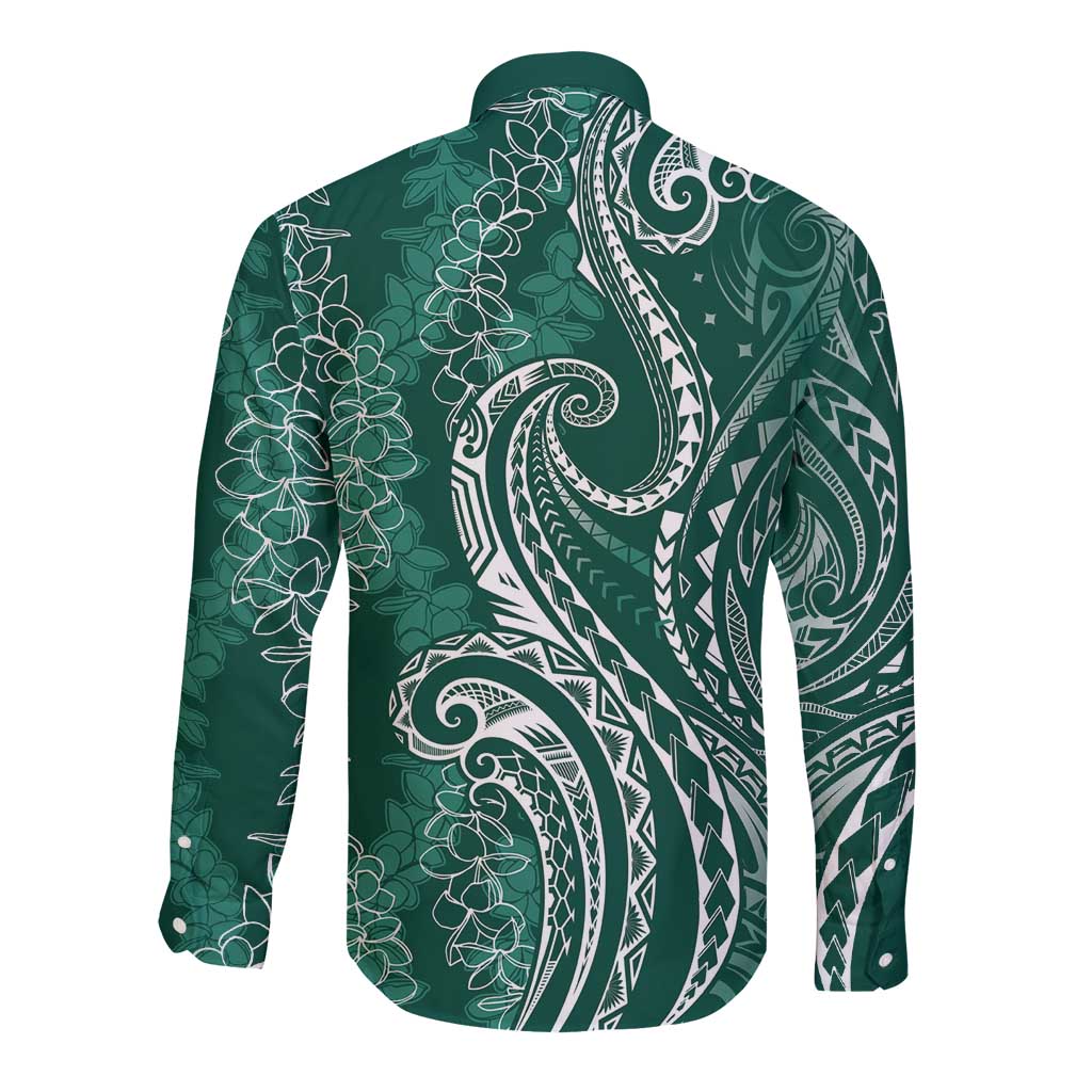 Polynesia Plumeria Lei Long Sleeve Button Shirt Sage Green Curves Motif LT7 - Polynesian Pride
