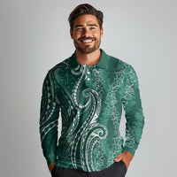 Polynesia Plumeria Lei Long Sleeve Polo Shirt Sage Green Curves Motif LT7 - Polynesian Pride