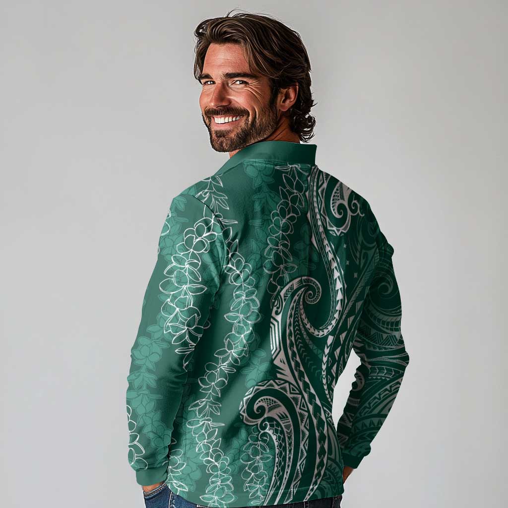 Polynesia Plumeria Lei Long Sleeve Polo Shirt Sage Green Curves Motif LT7 - Polynesian Pride