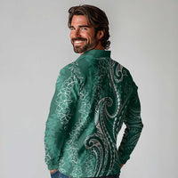Polynesia Plumeria Lei Long Sleeve Polo Shirt Sage Green Curves Motif LT7 - Polynesian Pride