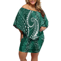 Polynesia Plumeria Lei Off Shoulder Short Dress Sage Green Curves Motif LT7 Women Dark Green - Polynesian Pride