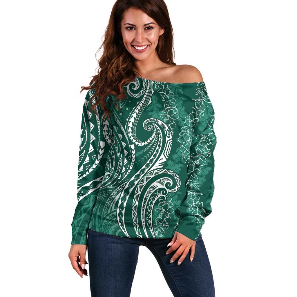 Polynesia Plumeria Lei Off Shoulder Sweater Sage Green Curves Motif LT7 Women Dark Green - Polynesian Pride