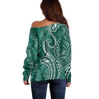 Polynesia Plumeria Lei Off Shoulder Sweater Sage Green Curves Motif LT7 - Polynesian Pride