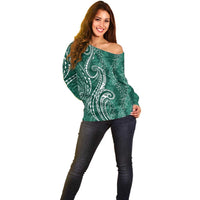 Polynesia Plumeria Lei Off Shoulder Sweater Sage Green Curves Motif LT7 - Polynesian Pride