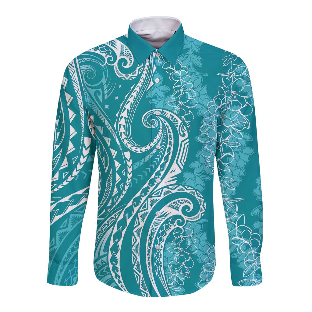 Polynesia Plumeria Lei Long Sleeve Button Shirt Teal Curves Motif LT7 Unisex Teal - Polynesian Pride