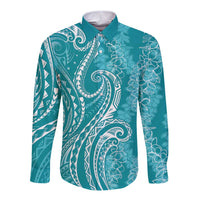 Polynesia Plumeria Lei Long Sleeve Button Shirt Teal Curves Motif LT7 Unisex Teal - Polynesian Pride