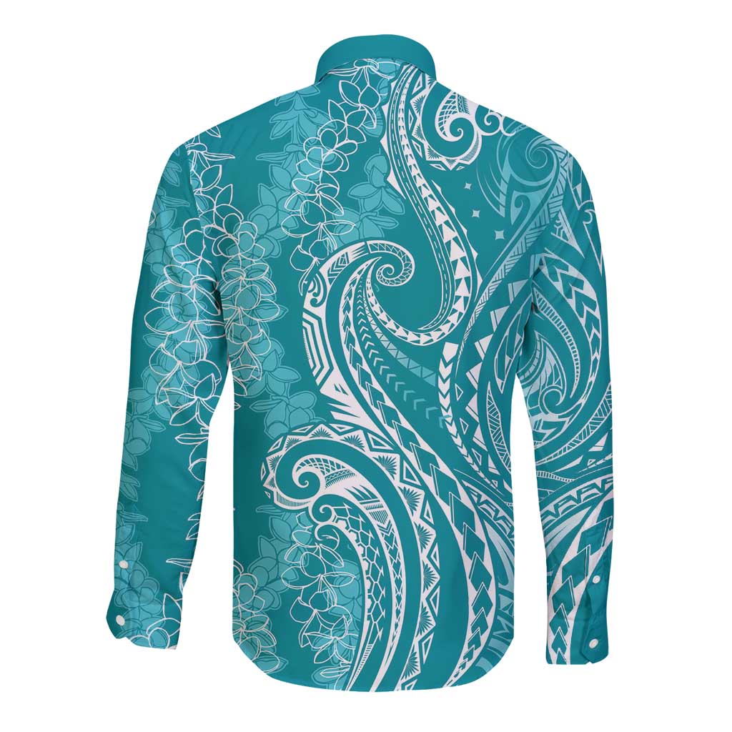 Polynesia Plumeria Lei Long Sleeve Button Shirt Teal Curves Motif LT7 - Polynesian Pride