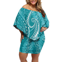 Polynesia Plumeria Lei Off Shoulder Short Dress Teal Curves Motif LT7 Women Teal - Polynesian Pride