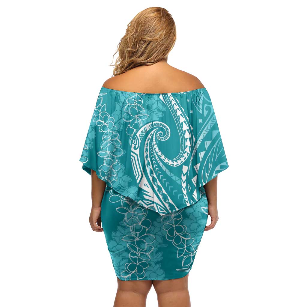 Polynesia Plumeria Lei Off Shoulder Short Dress Teal Curves Motif LT7 - Polynesian Pride