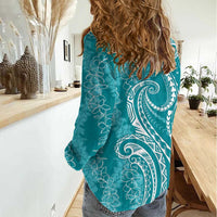 Polynesia Plumeria Lei Women Casual Shirt Teal Curves Motif LT7 - Polynesian Pride