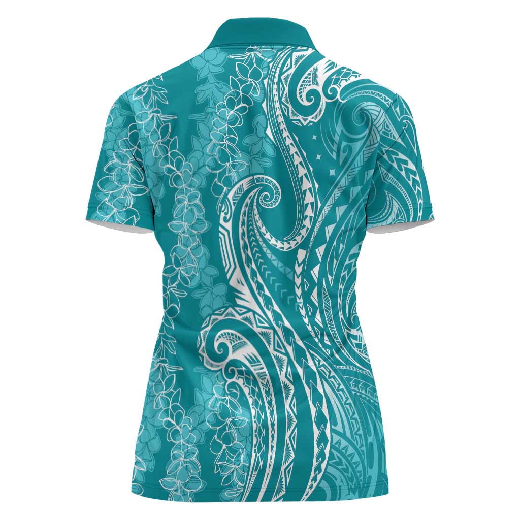 Polynesia Plumeria Lei Women Polo Shirt Teal Curves Motif LT7 - Polynesian Pride