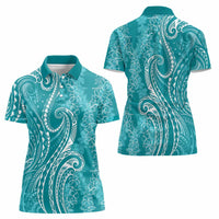 Polynesia Plumeria Lei Women Polo Shirt Teal Curves Motif LT7 - Polynesian Pride