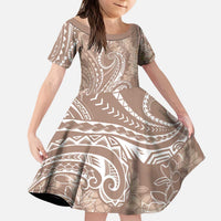 Polynesia Plumeria Lei Kid Short Sleeve Dress Beige Curves Motif LT7 KID Beige - Polynesian Pride