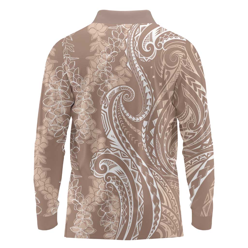 Polynesia Plumeria Lei Long Sleeve Polo Shirt Beige Curves Motif LT7 - Polynesian Pride