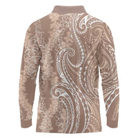 Polynesia Plumeria Lei Long Sleeve Polo Shirt Beige Curves Motif LT7 - Polynesian Pride