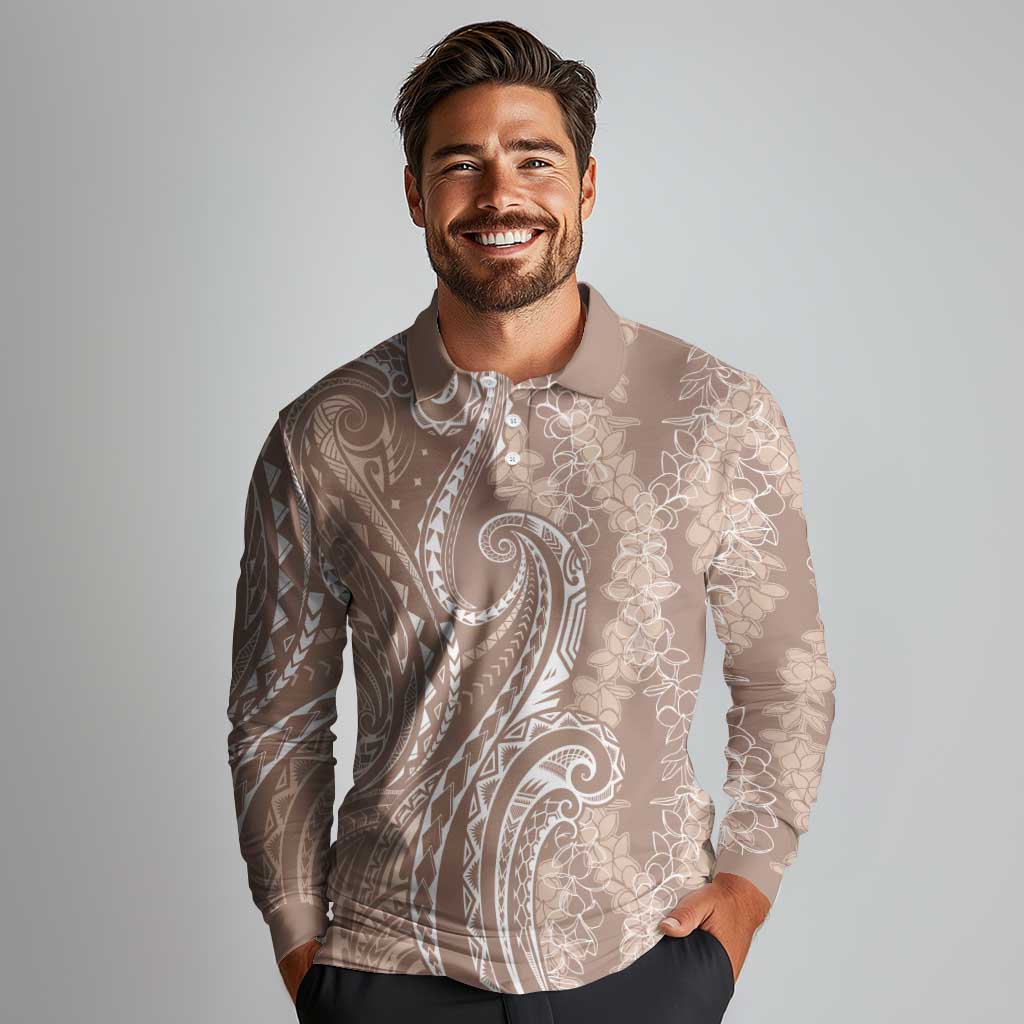 Polynesia Plumeria Lei Long Sleeve Polo Shirt Beige Curves Motif LT7 - Polynesian Pride