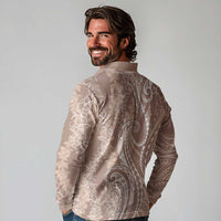 Polynesia Plumeria Lei Long Sleeve Polo Shirt Beige Curves Motif LT7 - Polynesian Pride