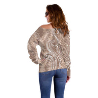 Polynesia Plumeria Lei Off Shoulder Sweater Beige Curves Motif LT7 - Polynesian Pride