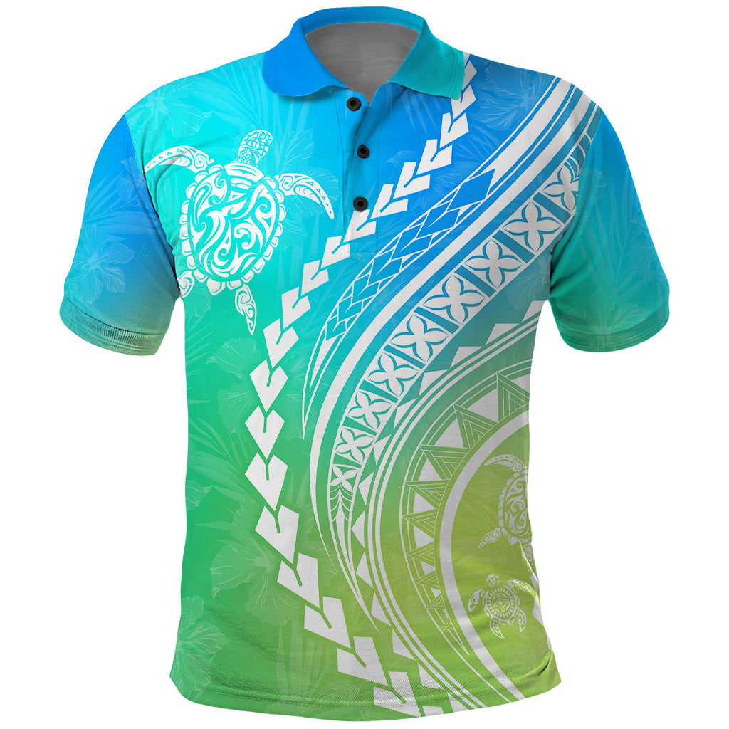 Polynesian Pride Polo Shirt Turtle Hibiscus Luxury Style - Gradient Blue LT7 Blue Green - Polynesian Pride