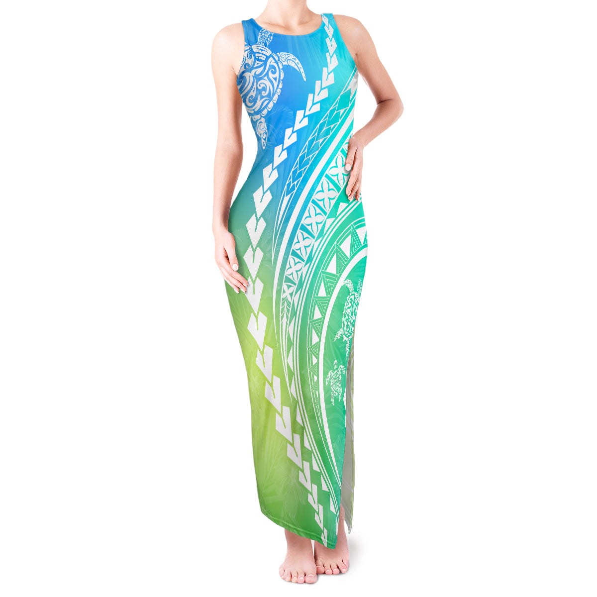 Polynesian Pride Tank Maxi Dress Turtle Hibiscus Luxury Style - Gradient Blue LT7 Women Blue Green - Polynesian Pride