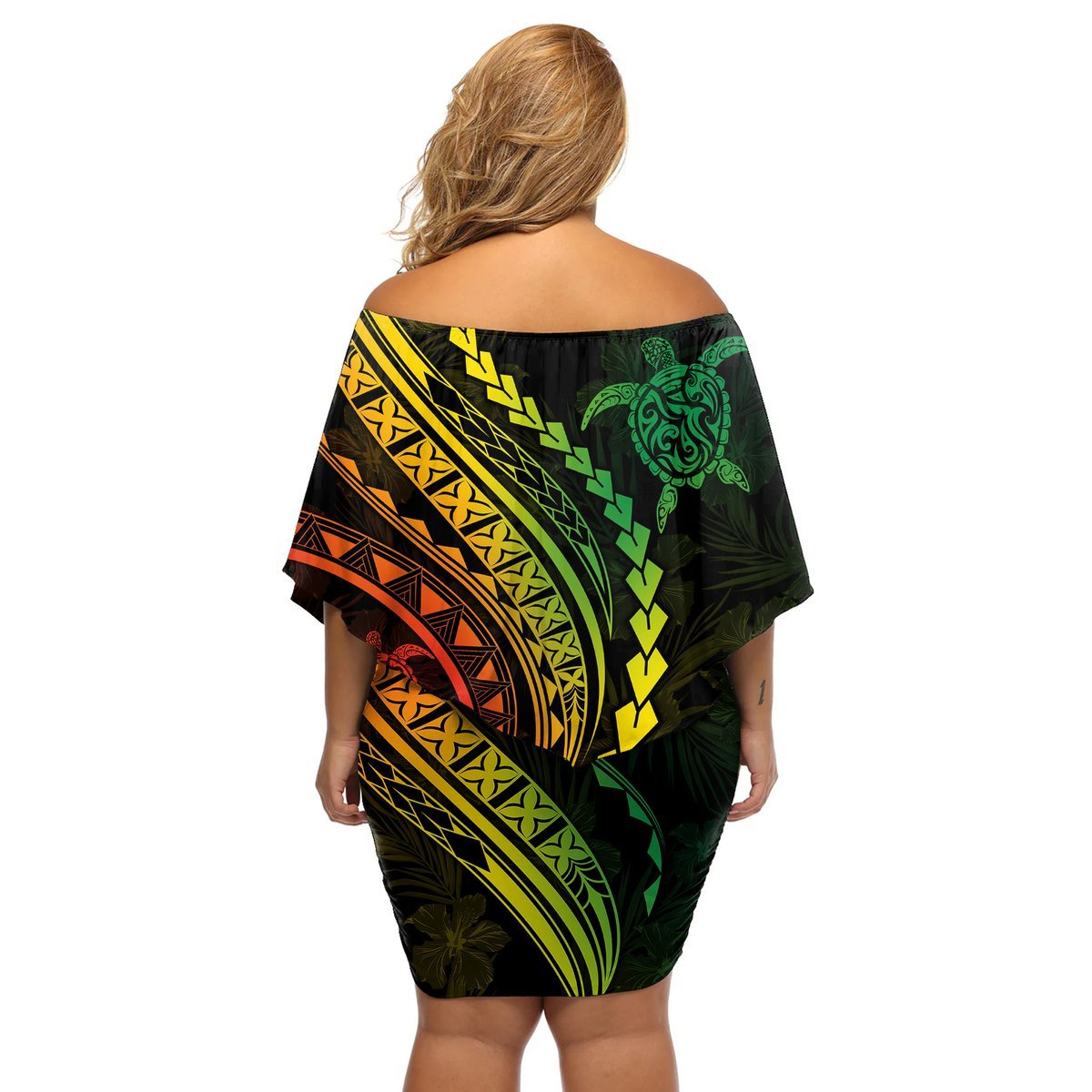 Polynesian Pride Off Shoulder Short Dress Turtle Hibiscus Luxury Style - Reggae Ver2 LT7 - Polynesian Pride