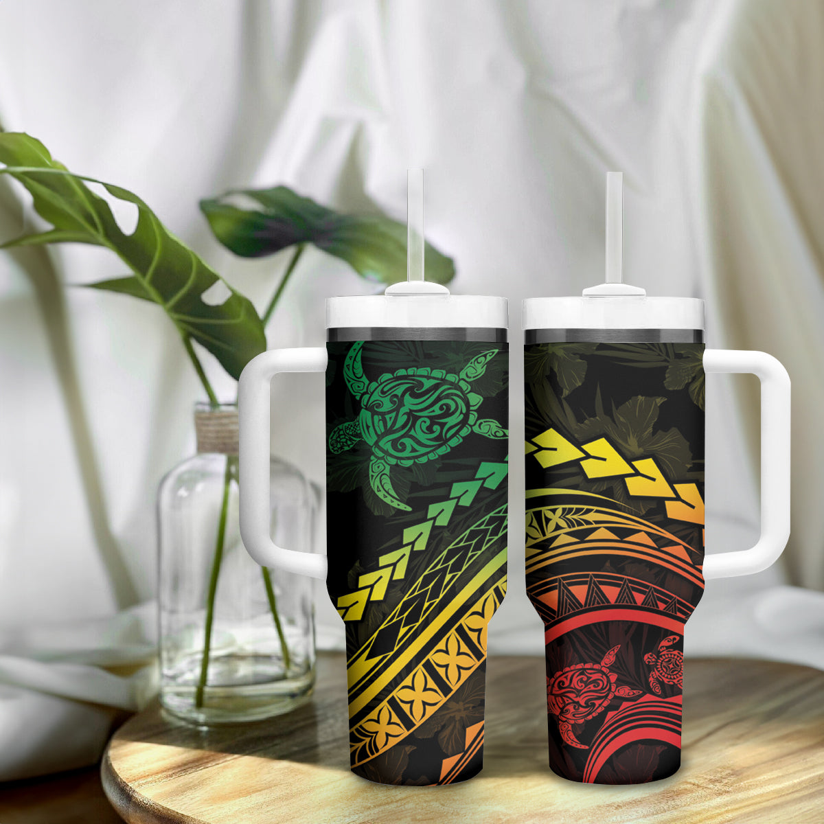 Polynesian Pride Tumbler With Handle Turtle Hibiscus Luxury Style - Reggae Ver2 LT7 - Polynesian Pride