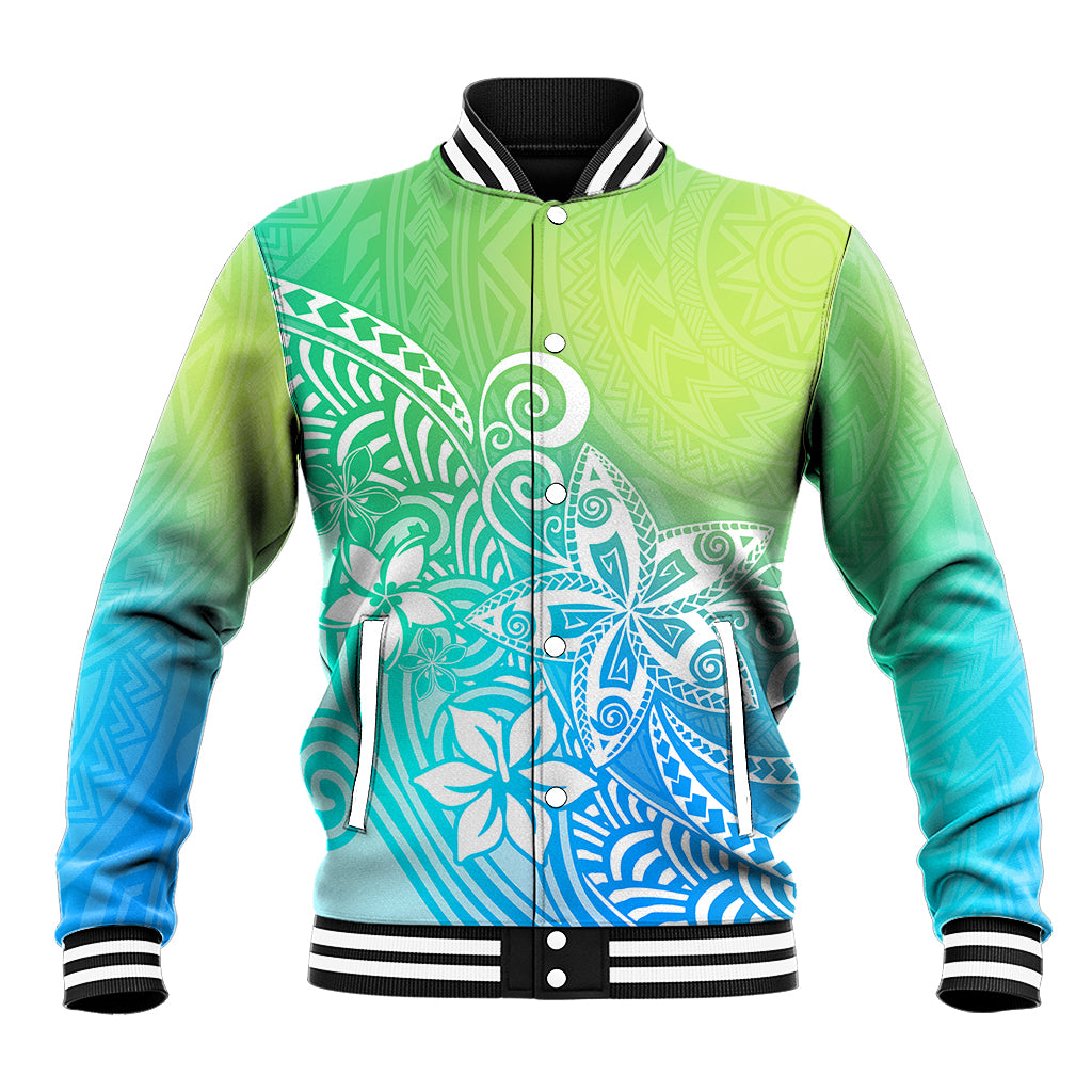 Polynesia Baseball Jacket Plumeria Blue Gradient Curves LT7 Unisex Blue Green - Polynesian Pride