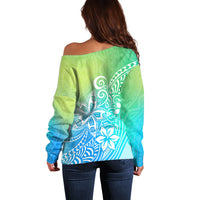 Polynesia Off Shoulder Sweater Plumeria Blue Gradient Curves LT7 - Polynesian Pride
