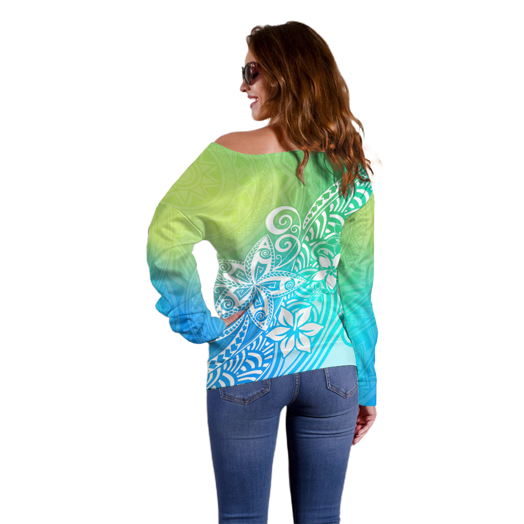 Polynesia Off Shoulder Sweater Plumeria Blue Gradient Curves LT7 - Polynesian Pride