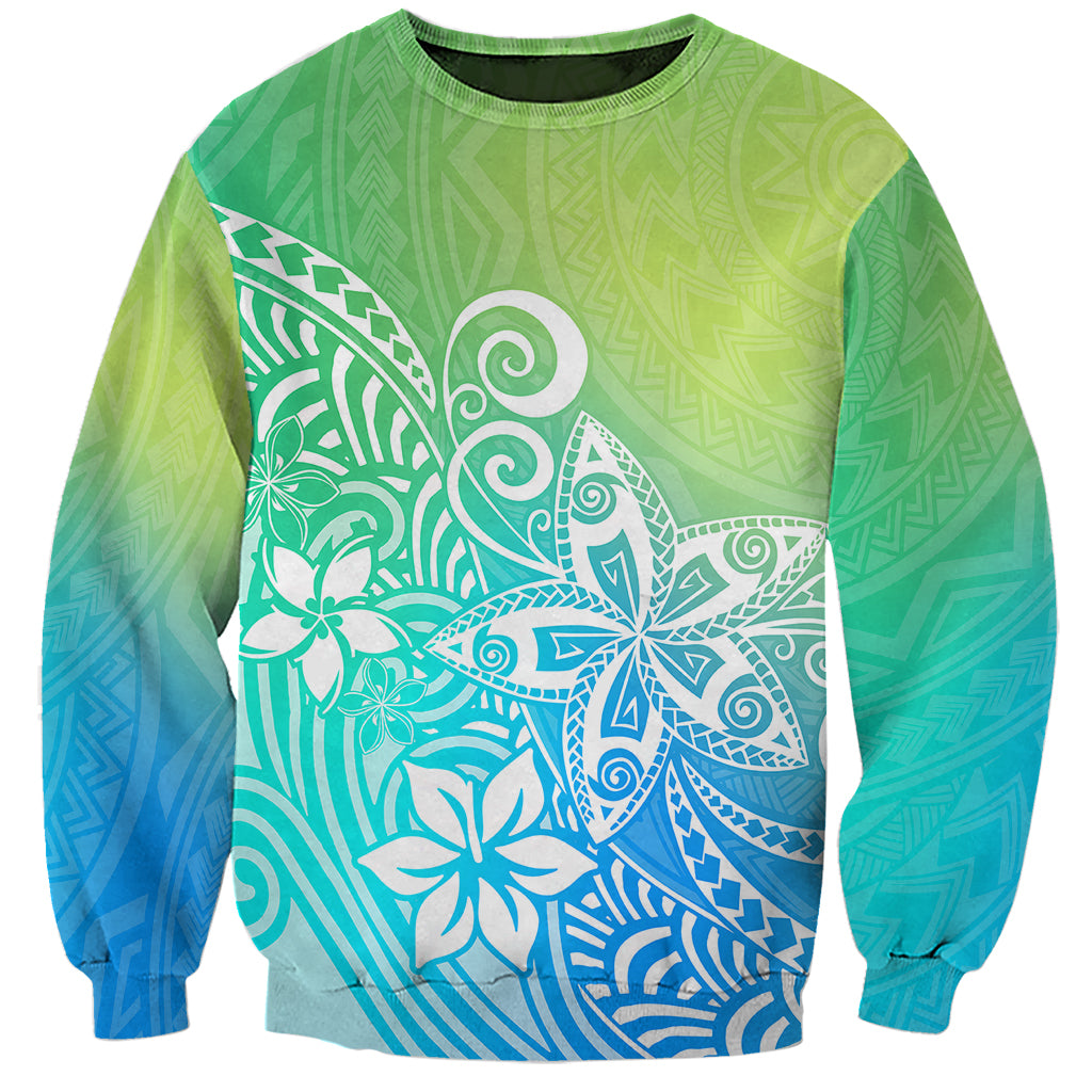 Polynesia Sweatshirt Plumeria Blue Gradient Curves LT7 Unisex Blue Green - Polynesian Pride