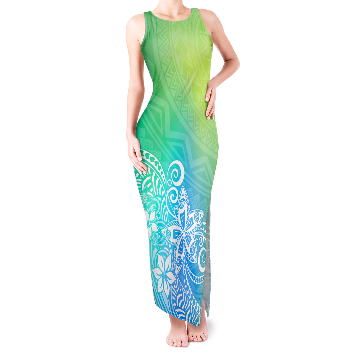 Polynesia Tank Maxi Dress Plumeria Blue Gradient Curves LT7 Women Blue Green - Polynesian Pride