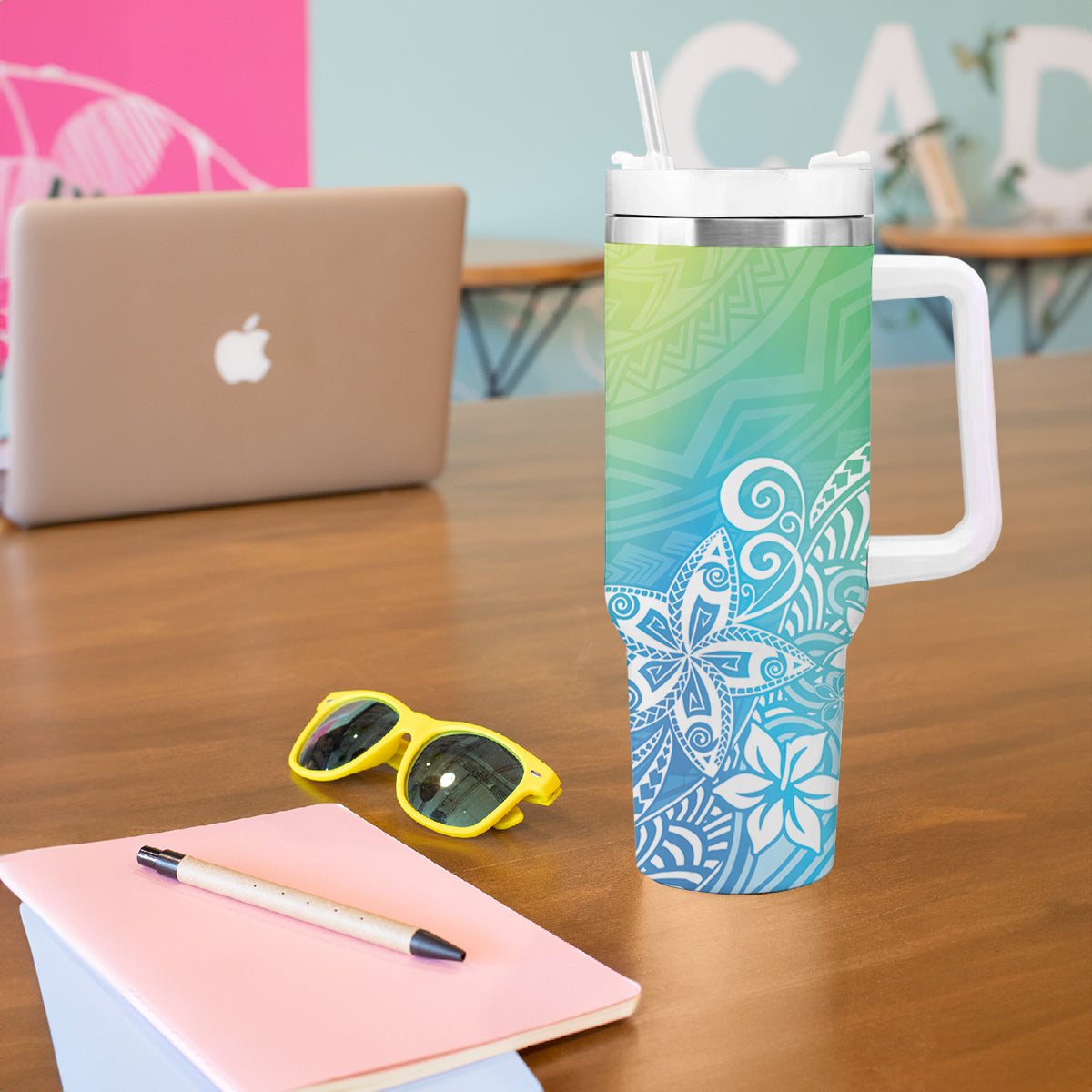 Polynesia Tumbler With Handle Plumeria Blue Gradient Curves LT7 - Polynesian Pride