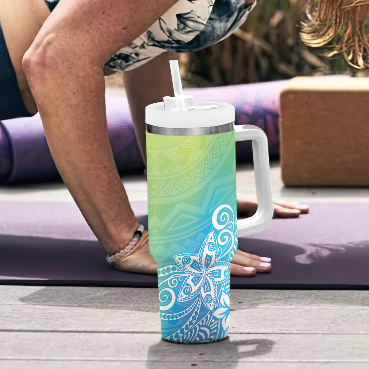 Polynesia Tumbler With Handle Plumeria Blue Gradient Curves LT7 - Polynesian Pride