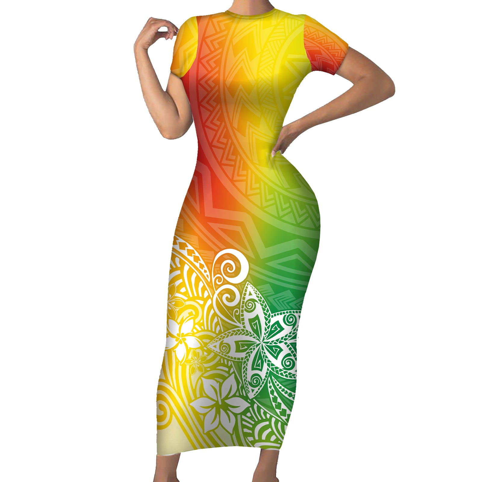 Polynesia Short Sleeve Bodycon Dress Plumeria Reggae Curves LT7 Long Dress Reggae - Polynesian Pride