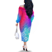 Polynesia Off The Shoulder Long Sleeve Dress Plumeria Galaxy Gradient Curves LT7 - Polynesian Pride