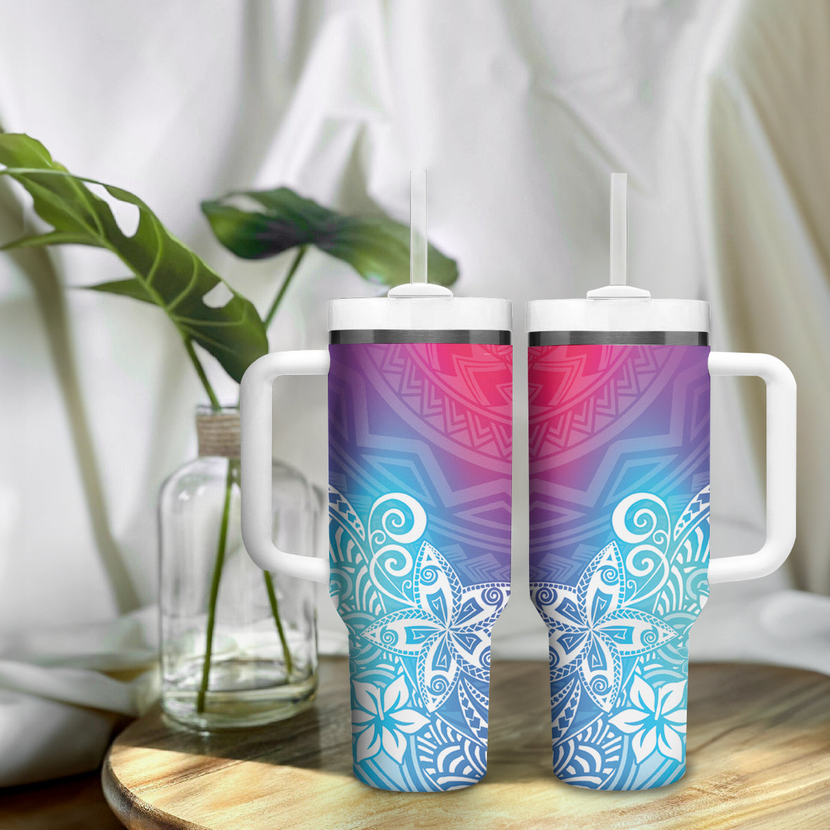 Polynesia Tumbler With Handle Plumeria Galaxy Gradient Curves LT7 - Polynesian Pride