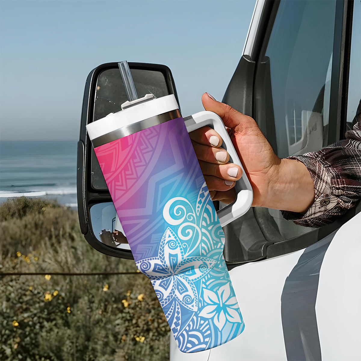 Polynesia Tumbler With Handle Plumeria Galaxy Gradient Curves LT7 - Polynesian Pride