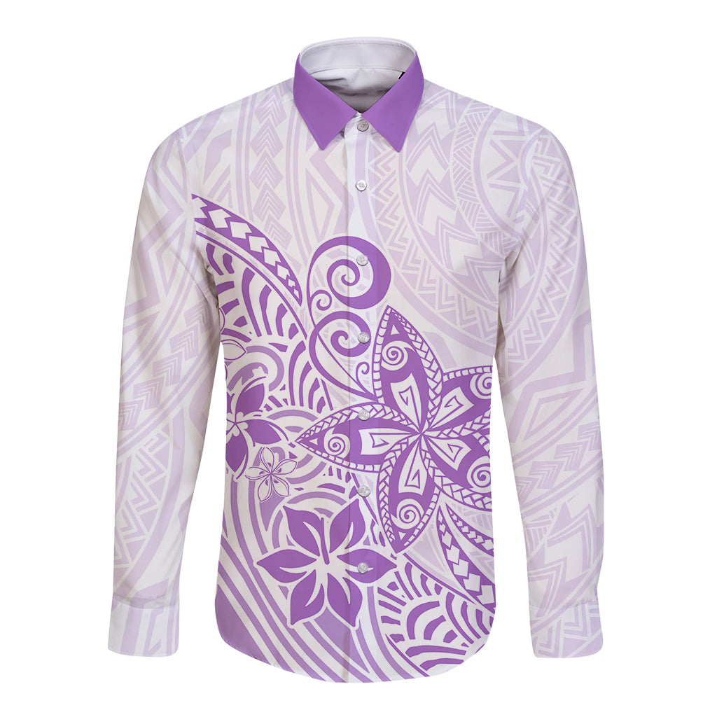 Polynesia Long Sleeve Button Shirt Plumeria Lavender Curves LT7 Unisex Purple - Polynesian Pride