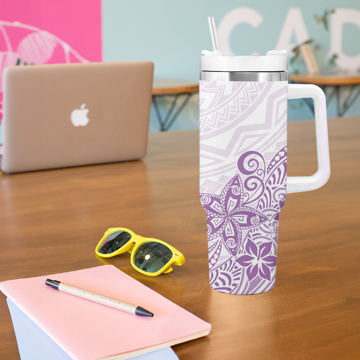 Polynesia Tumbler With Handle Plumeria Lavender Curves LT7 - Polynesian Pride