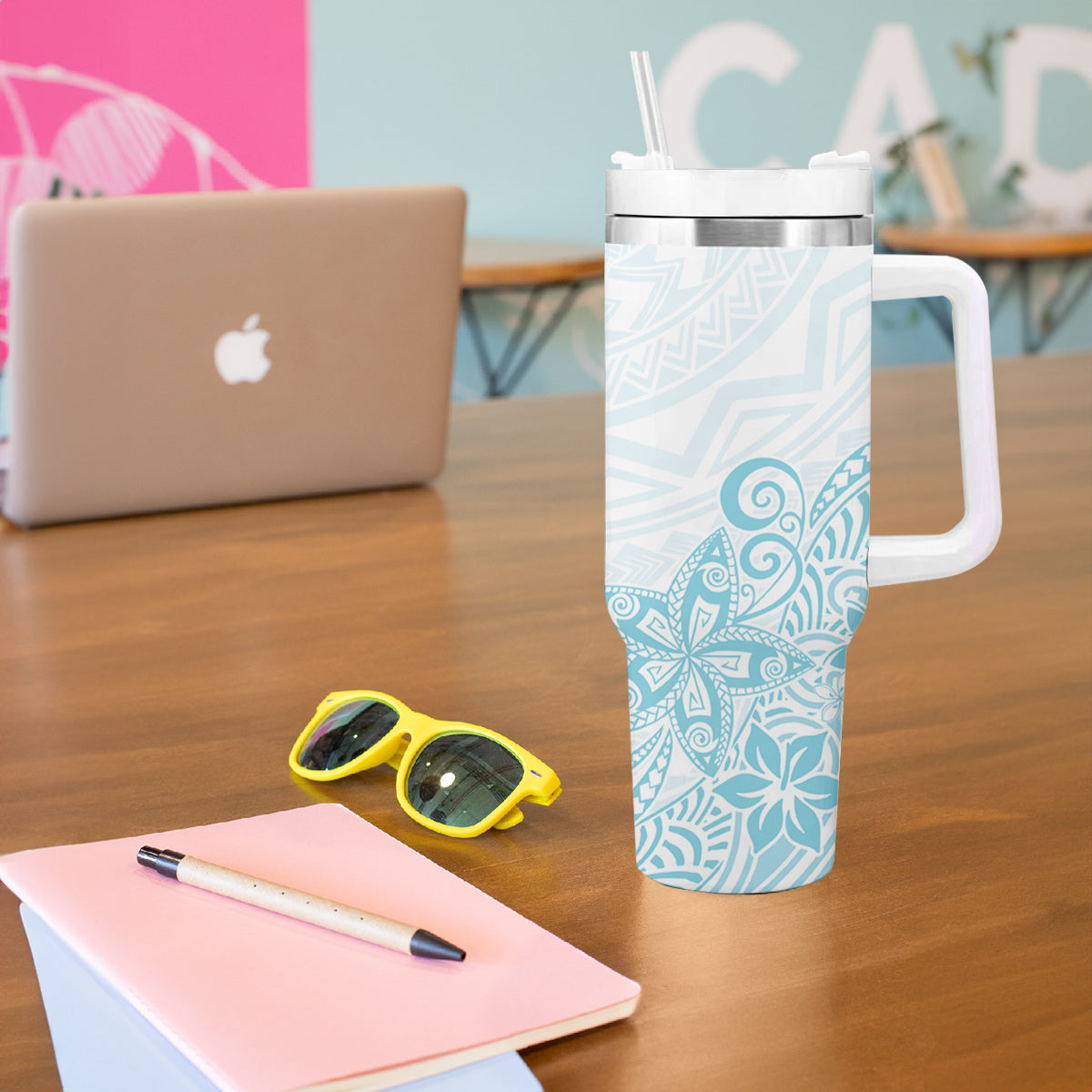 Polynesia Tumbler With Handle Plumeria Turquoise Curves LT7 - Polynesian Pride