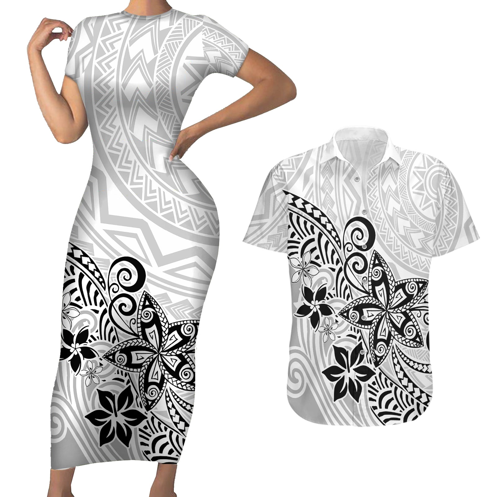 Polynesia Couples Matching Short Sleeve Bodycon Dress and Hawaiian Shirt Plumeria White Curves LT7 White - Polynesian Pride