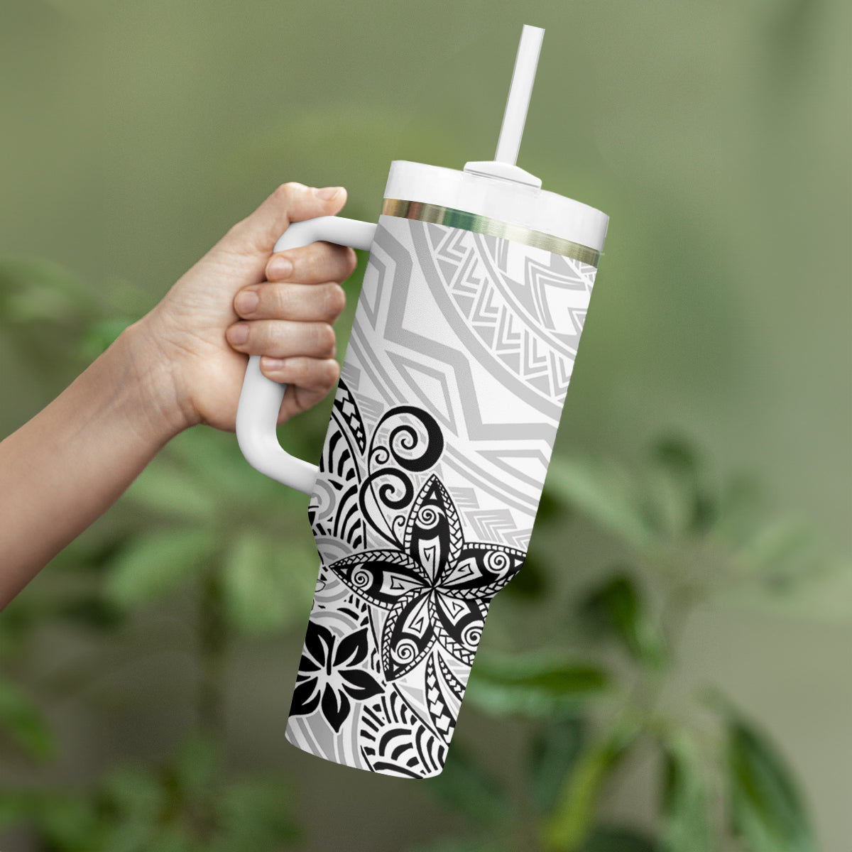 Polynesia Tumbler With Handle Plumeria White Curves LT7 - Polynesian Pride