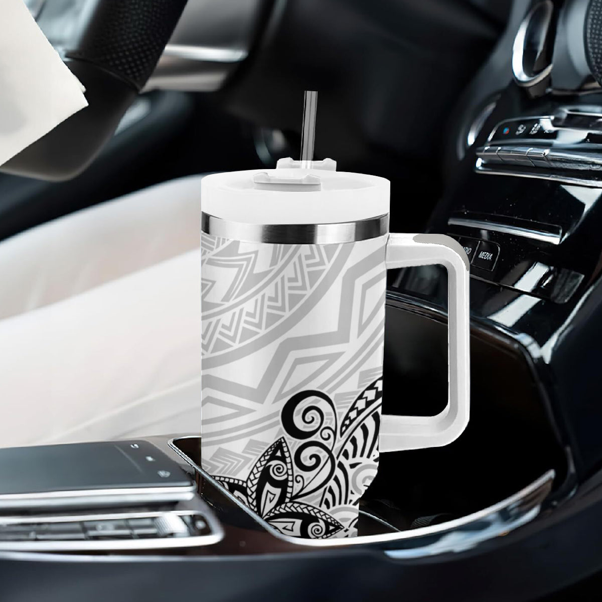 Polynesia Tumbler With Handle Plumeria White Curves LT7 - Polynesian Pride