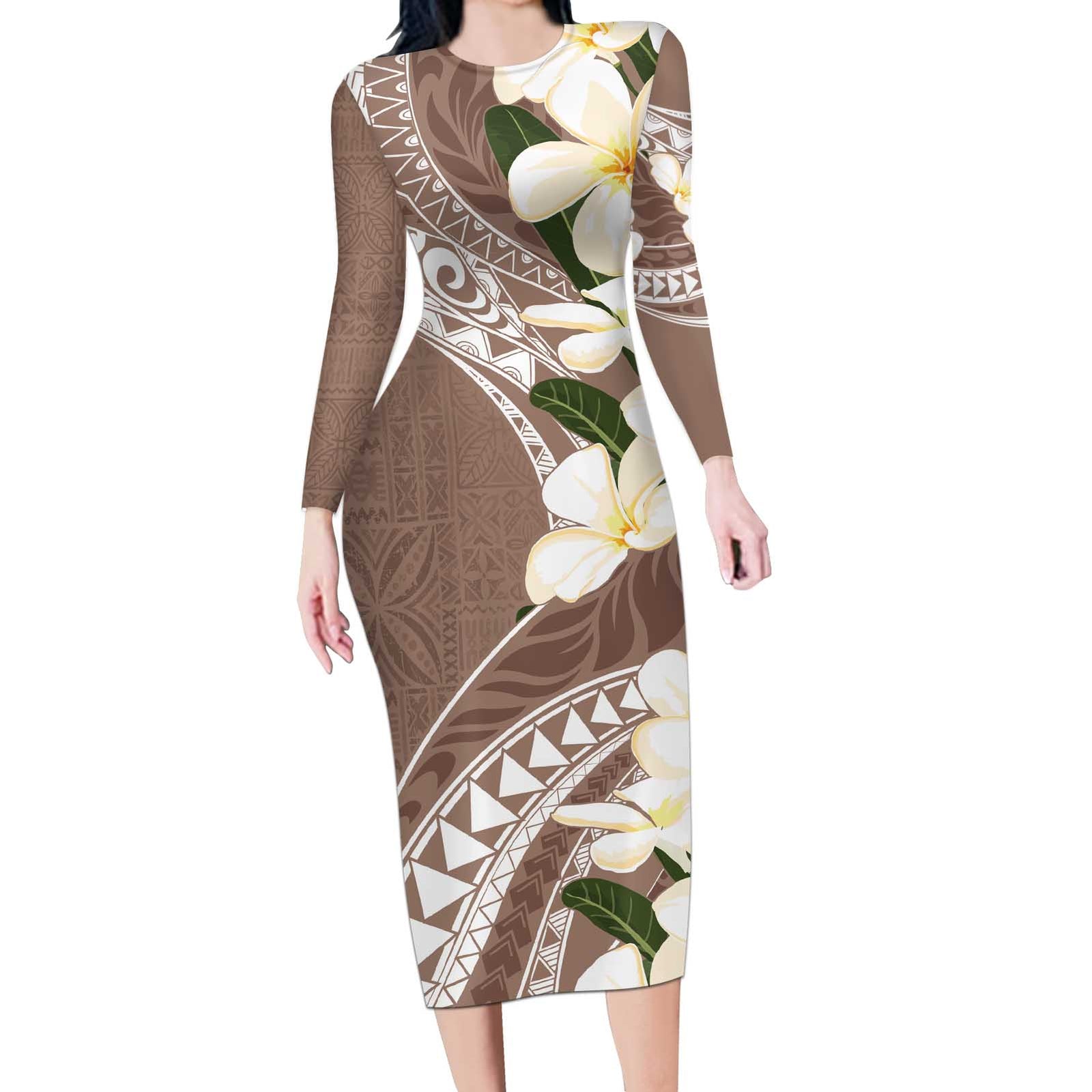 Aloha Hawaii Festive Long Sleeve Bodycon Dress Frangipani Lace Classic - Beige LT7 Long Dress Beige - Polynesian Pride