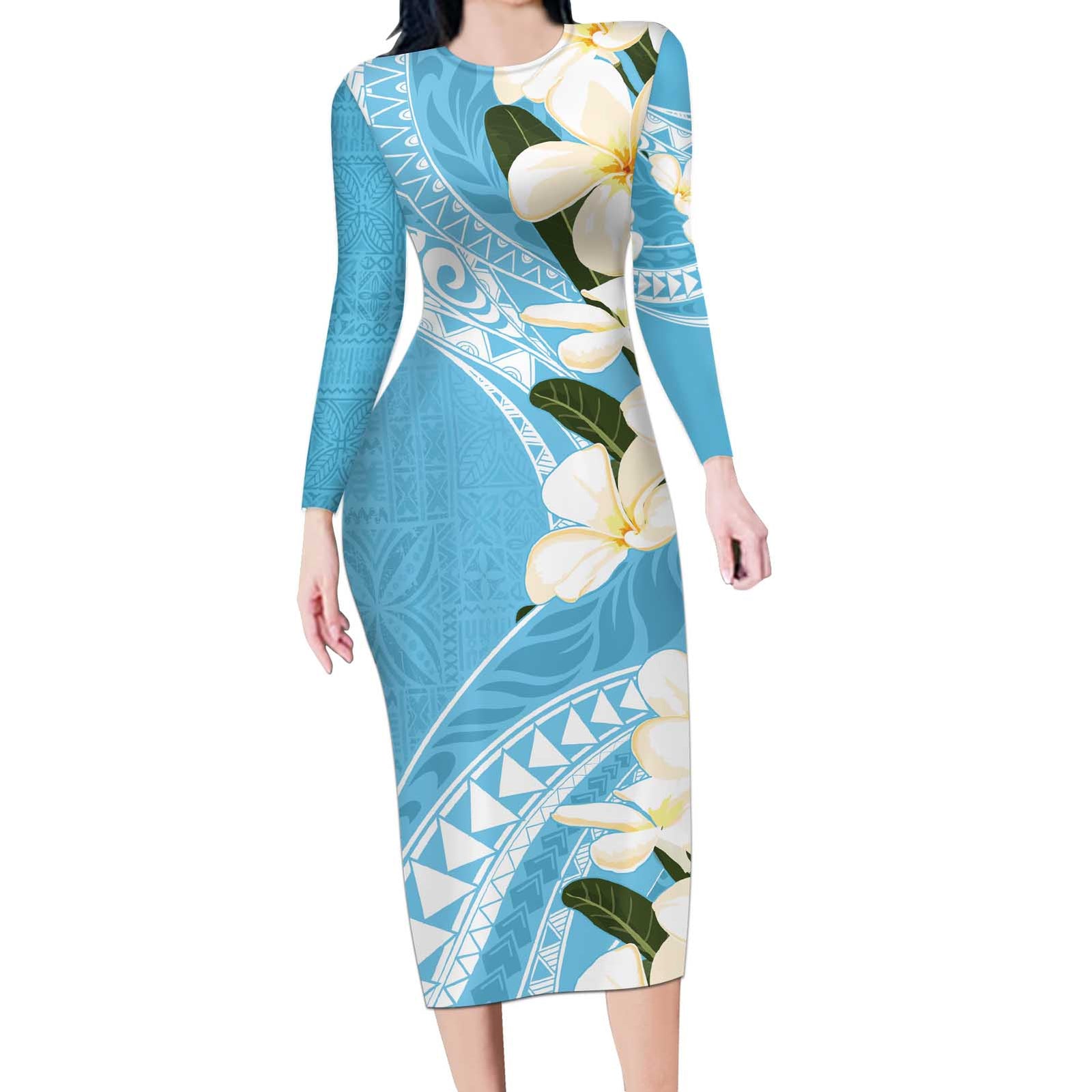 Aloha Hawaii Festive Long Sleeve Bodycon Dress Frangipani Lace Classic - Turquoise LT7 Long Dress Turquoise - Polynesian Pride