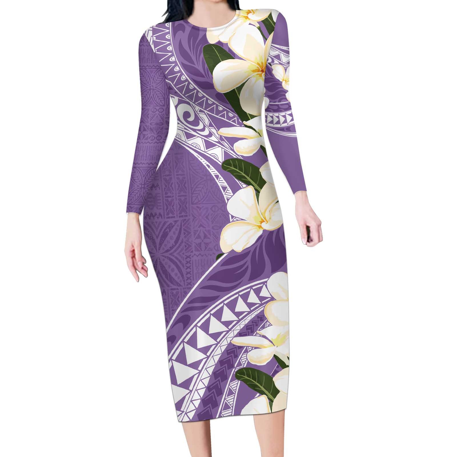 Aloha Hawaii Festive Long Sleeve Bodycon Dress Frangipani Lace Classic - Lavender LT7 Long Dress Lavender - Polynesian Pride